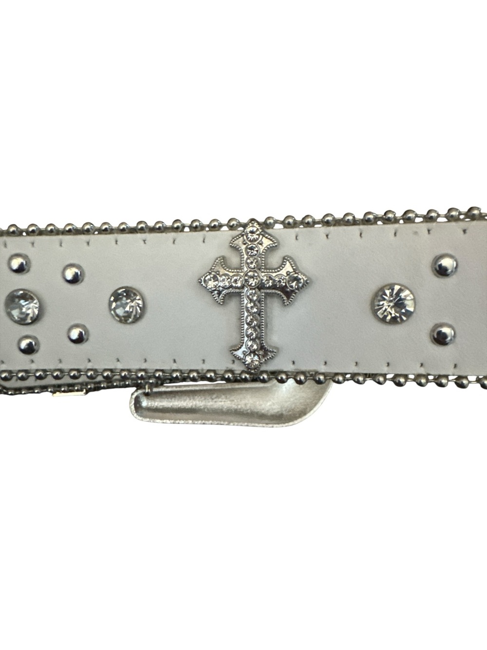 White Rhinestone Western Buckle Belt - Decorative Crosses & Silver Hardware - Picture 2 of 5